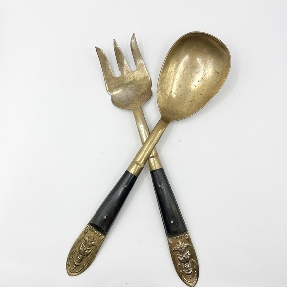 Brass Bronze Wood Handle Salad Serving Spoon & Fork Flatware Thailand Siam - Picture 1 of 9